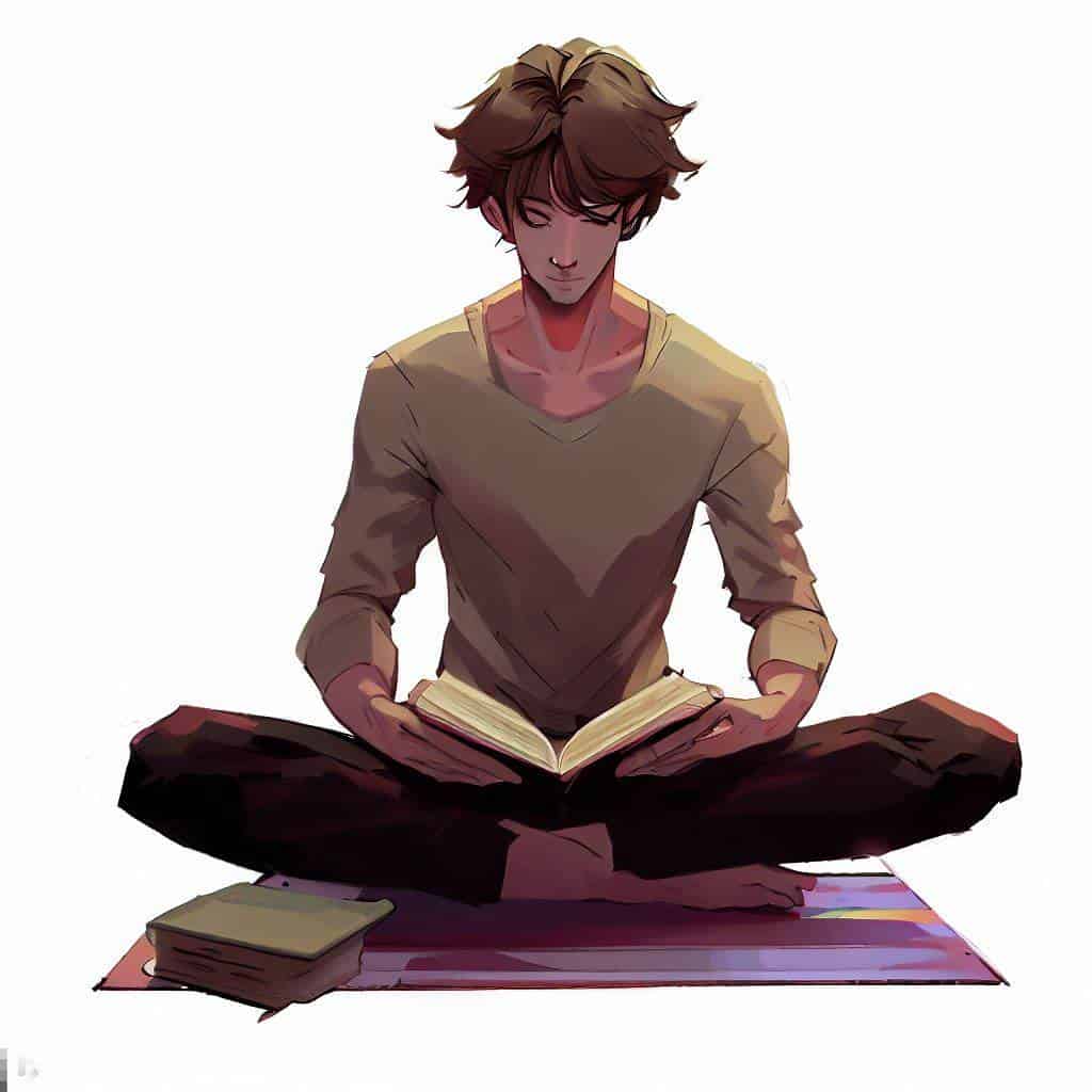 young male reading a book on a yoga mat