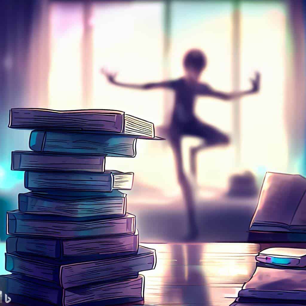 stack of books with person in yoga pose in background