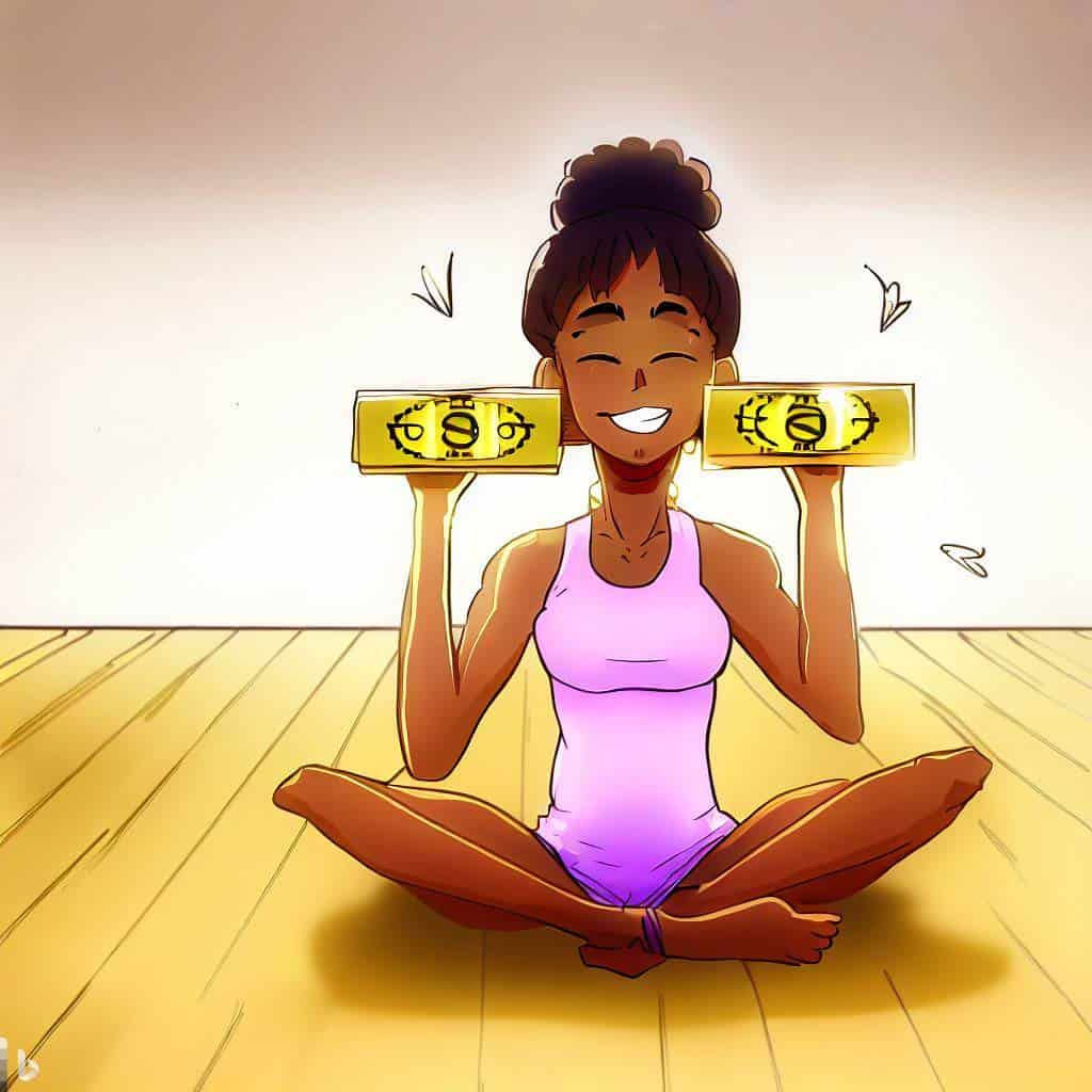 drawing of a young woman on the floor with golden yoga blocks in her hands