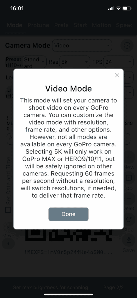 Aplicación móvil de GoPro Labs QRControl - Texto de ayuda