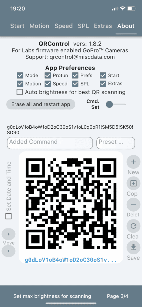 GoPro Labs mobilapp QRControl - skärm Om