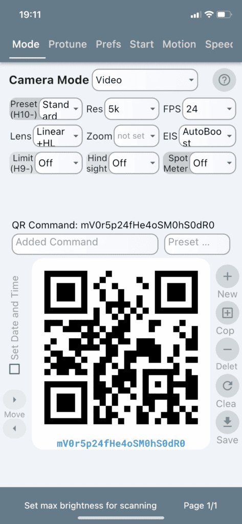 GoPro Labs mobile App QRControl – Bildschirmmodus