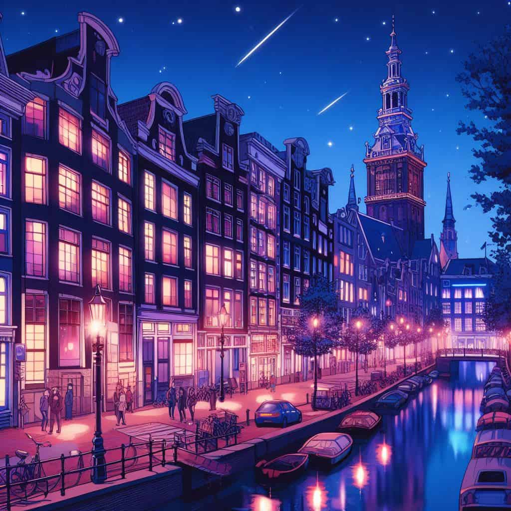 Zeichnung im Anime-Stil einer nächtlichen Stadtlandschaft von Amsterdam