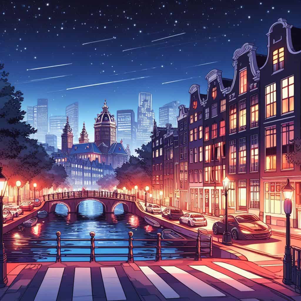 dessin de style anime d'un paysage urbain nocturne d'Amsterdam