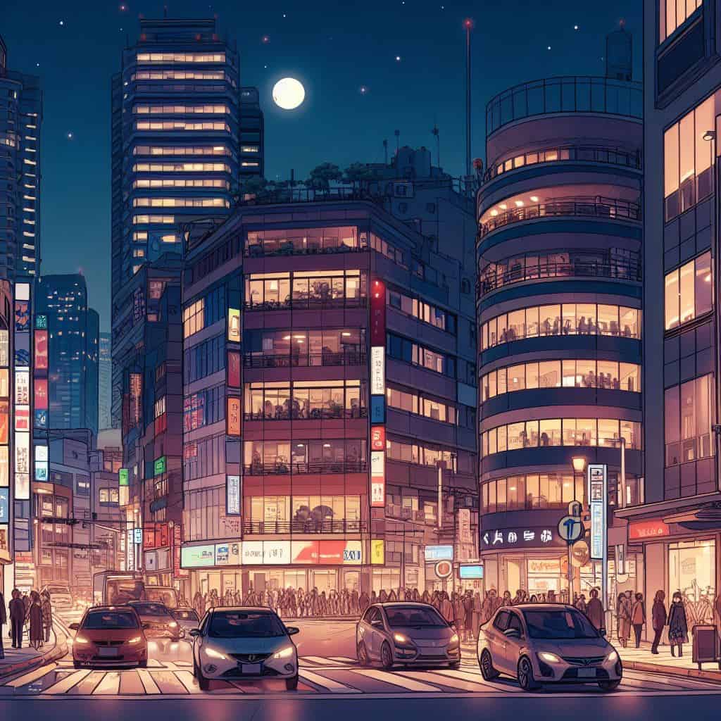 escena de la ciudad con poca luz (estilo anime)