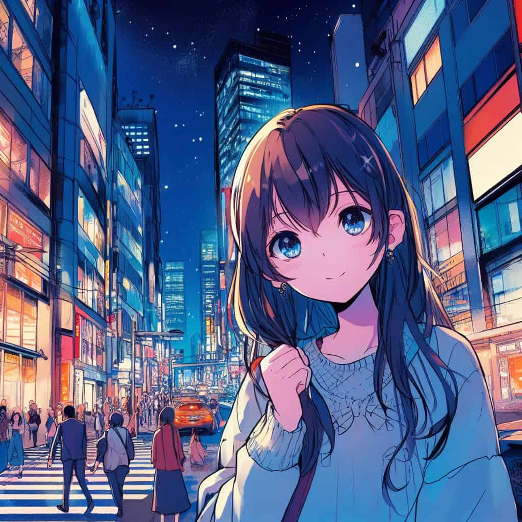 escena de la ciudad con poca luz y una mujer joven cerca (estilo anime)